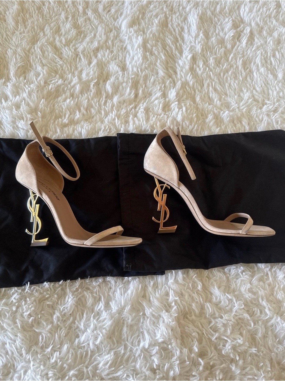Saint Laurent Nude Suede YSL Logo Heel Sandals - Picture 3 of 10